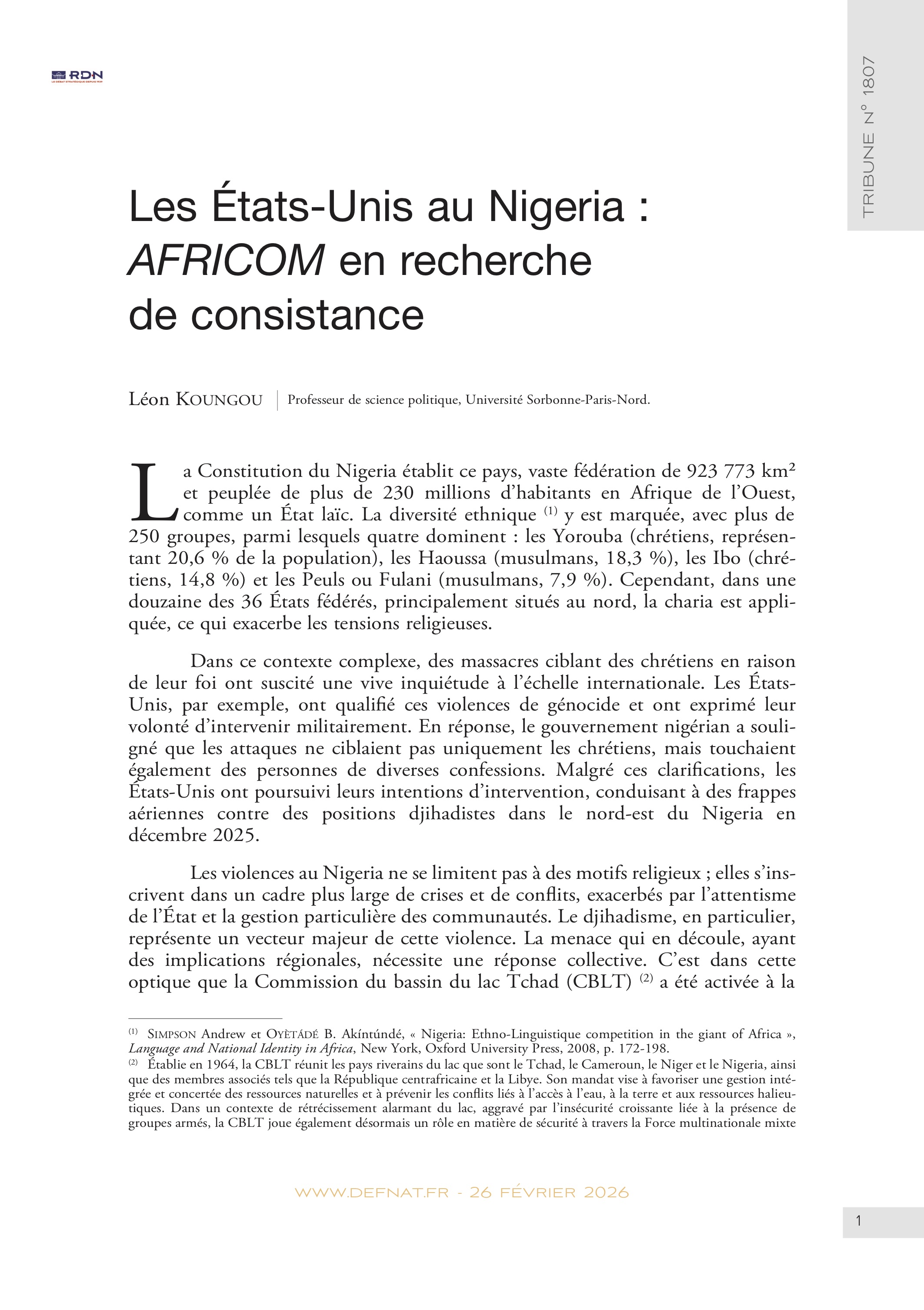 Les &Eacute;tats-Unis&nbsp;au Nigeria : AFRICOM en recherche de consistance (T&nbsp;1807)
